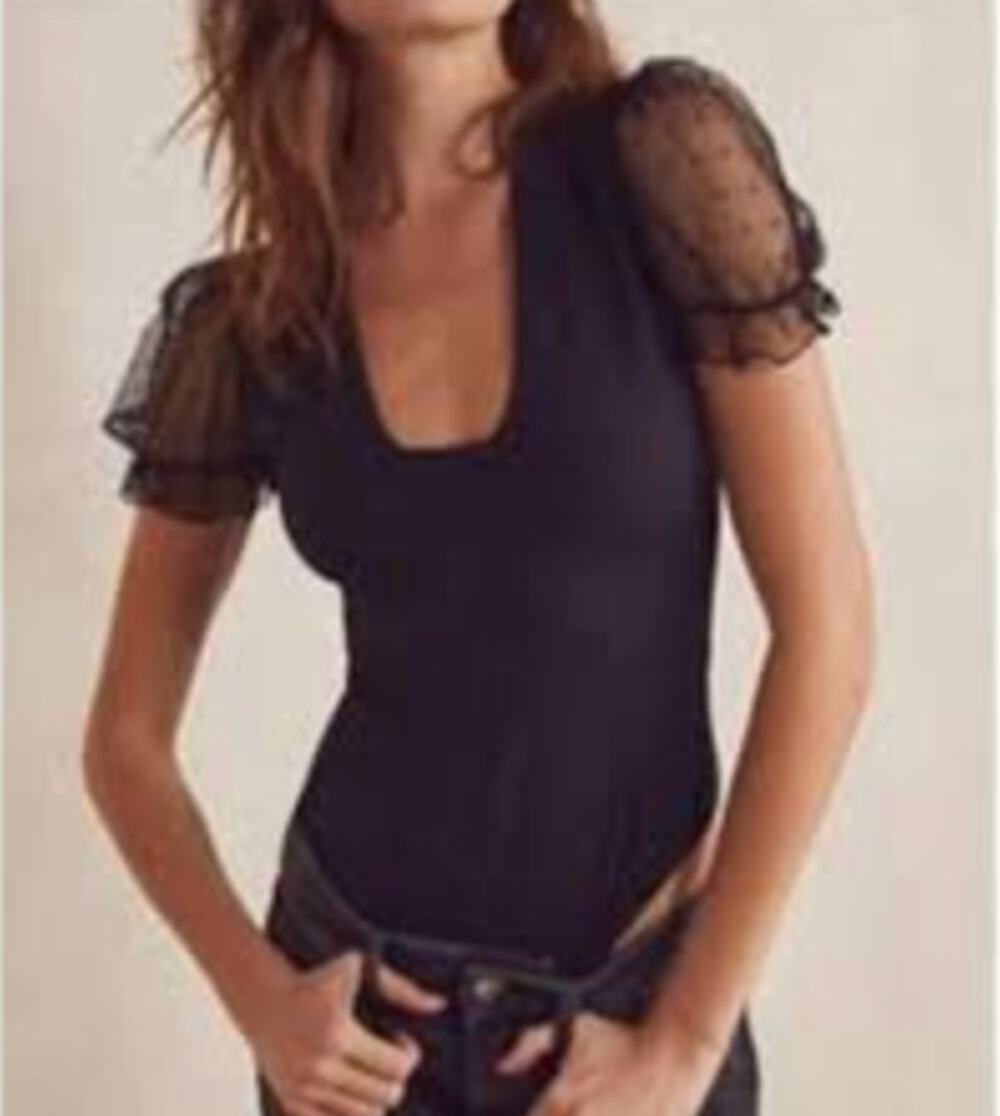 Free People Puff Sheer Short Sleeve Bodysuit Black XS